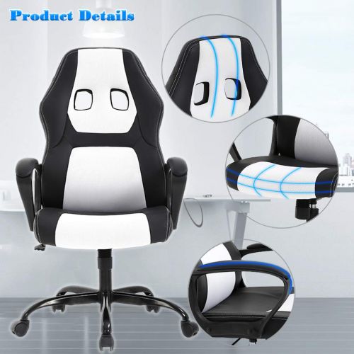  BestMassage Racing Home Office Chair, Ergonomic Executive PU Gaming Chair, Rolling Metal Base Swivel Desk Chairs with Arms Lumbar Support Computer Chair for Women,Men(White)