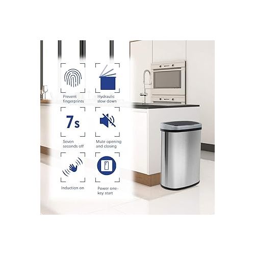  Kitchen Trash Can with Lid, 13 Gallon Automatic Garbage Can for Bathroom Bedroom Home Office 50 Liter Touch Free High-Capacity Brushed Stainless Steel Waste Bin