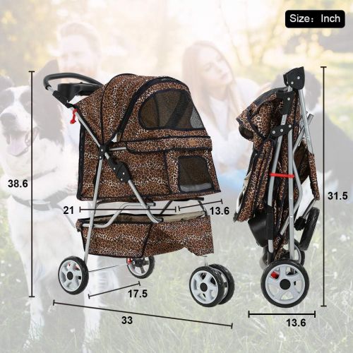  BestPet New Extra Wide Leopard Skin 3 Wheels Pet Dog Cat Stroller with RainCover