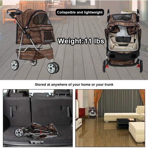  BestPet New Extra Wide Leopard Skin 3 Wheels Pet Dog Cat Stroller with RainCover