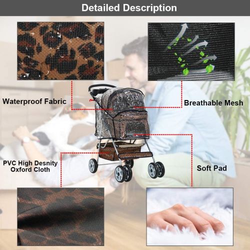  BestPet NEW Extra Wide Leopard Skin 4 Wheels Pet Dog Cat Stroller With RainCover