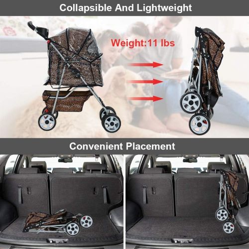  BestPet NEW Extra Wide Leopard Skin 4 Wheels Pet Dog Cat Stroller With RainCover