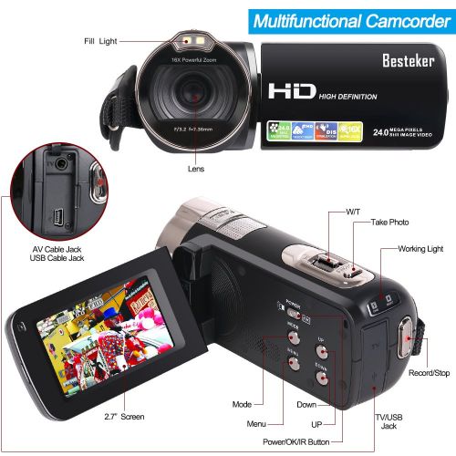  Camera Camcorders, Besteker HD 1080P 24 MP 16X Digital Zoom Video Camcorder with LCD and 270 Degree Rotation Screen