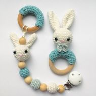 /BestiesBudapest Billy bunny pacifier clip and crochet teether, blue and white