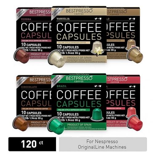  Bestpresso Coffee for Nespresso Original Machine 120 Aluminum pods Certified Genuine Espresso Variety Pack mix Flavored and Dark roast, Pods Compatible with Nespresso Original