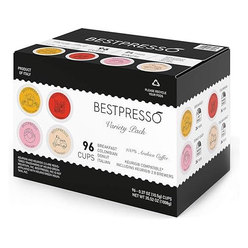  Bestpresso Coffee, Variety Pack Single Serve K-Cup Pods, 96 Count. Includes Breakfast, Colombian, Donut and Italian (Compatible With 2.0 Keurig Brewers) 8 Packs Of 12 Cups