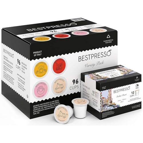  Bestpresso Coffee, Variety Pack Single Serve K-Cup Pods, 96 Count. Includes Breakfast, Colombian, Donut and Italian (Compatible With 2.0 Keurig Brewers) 8 Packs Of 12 Cups