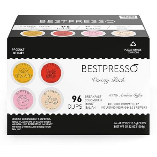  Bestpresso Coffee, Variety Pack Single Serve K-Cup Pods, 96 Count. Includes Breakfast, Colombian, Donut and Italian (Compatible With 2.0 Keurig Brewers) 8 Packs Of 12 Cups