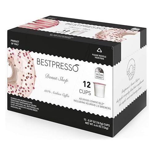  Bestpresso Coffee, Donut Shop Medium Roast Single Serve K-Cup Pods, 96 Count (Compatible With 2.0 Keurig Brewers) 8 Packs Of 12 Cups