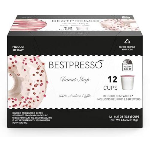  Bestpresso Coffee, Donut Shop Medium Roast Single Serve K-Cup Pods, 96 Count (Compatible With 2.0 Keurig Brewers) 8 Packs Of 12 Cups