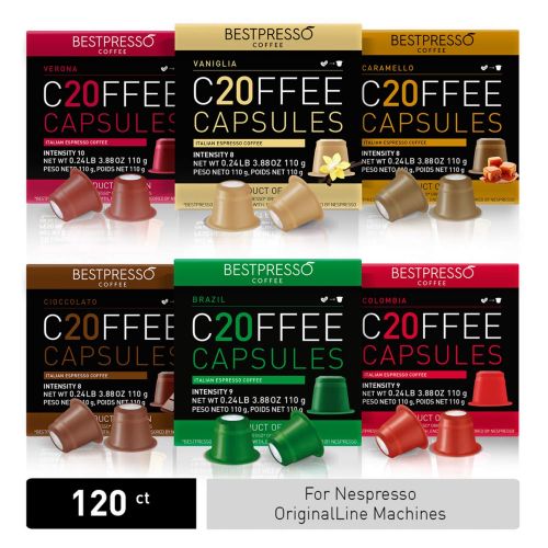  Bestpresso Coffee for Nespresso Original Machine 120 pods Certified Genuine Espresso Variety Pack mix Flavored and Dark roast, pods Compatible with Nespresso Original