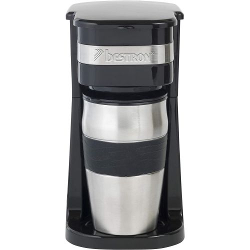  Bestron Kaffeemaschine mit Isolierbecher, Fuer gemahlenen Filterkaffee, 2 Tassen, 750 Watt, Edelstahl, Schwarz