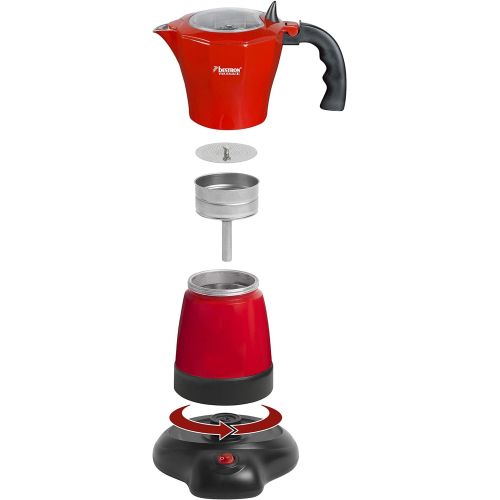  Bestron Elektrischer Espresso-Kocher mit Basis, Viva Italia, Fuer 6 Espressotassen: 180 ml, 480 Watt, Aluminium, Rot