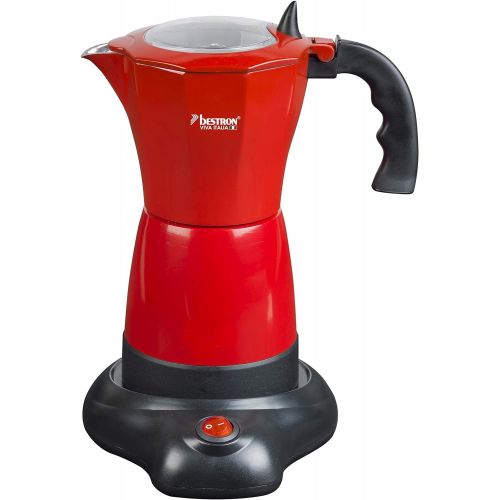  Bestron Elektrischer Espresso-Kocher mit Basis, Viva Italia, Fuer 6 Espressotassen: 180 ml, 480 Watt, Aluminium, Rot