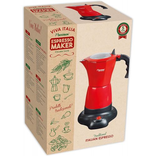  Bestron Elektrischer Espresso-Kocher mit Basis, Viva Italia, Fuer 6 Espressotassen: 180 ml, 480 Watt, Aluminium, Rot