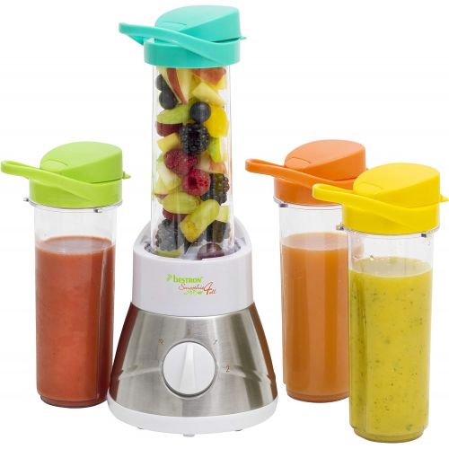  Bestron Familien-Smoothie Maker mit 4 Mix-/Trinkbechern, 4x 400 ml, 400 Watt, Edelstahl, Weiss