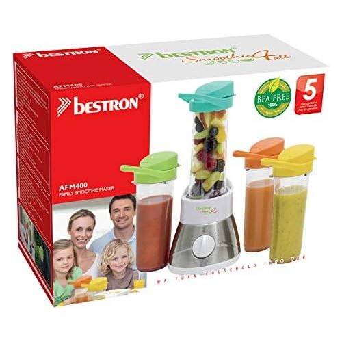  Bestron Familien-Smoothie Maker mit 4 Mix-/Trinkbechern, 4x 400 ml, 400 Watt, Edelstahl, Weiss