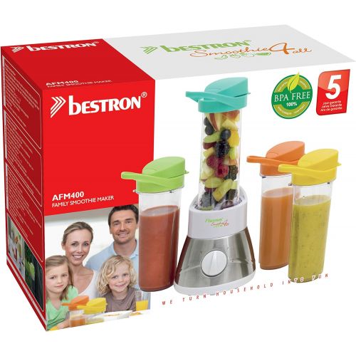  Bestron Familien-Smoothie Maker mit 4 Mix-/Trinkbechern, 4x 400 ml, 400 Watt, Edelstahl, Weiss