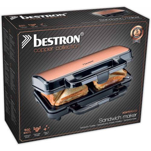  [아마존베스트]Bestron ASM90XLCO XL Sandwich Maker, Non-Stick Toaster for 2 Sandwiches, 900 Watt, Black/Copper, Metal