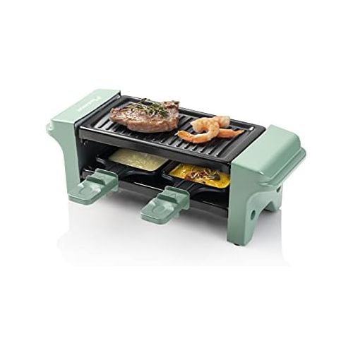  Bestron Raclette for 1 to 2 people, mini table grill with two pans and two wooden scrapers, 350 watts, colour: green/black