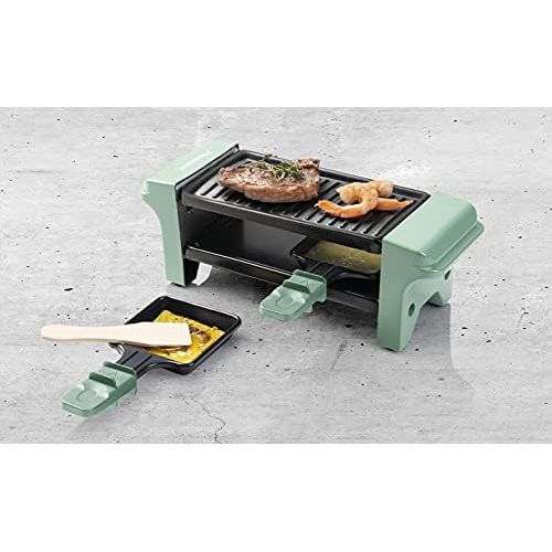  Bestron Raclette for 1 to 2 people, mini table grill with two pans and two wooden scrapers, 350 watts, colour: green/black