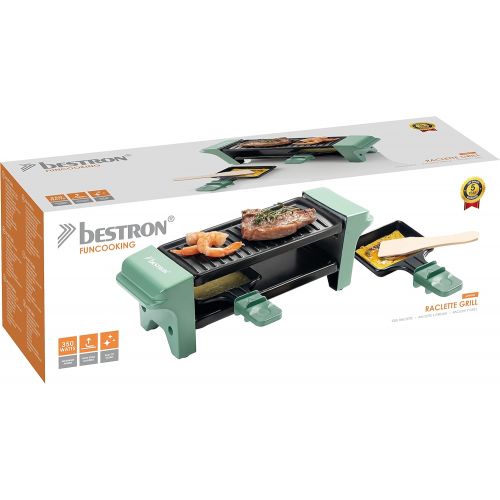  Bestron Raclette for 1 to 2 people, mini table grill with two pans and two wooden scrapers, 350 watts, colour: green/black