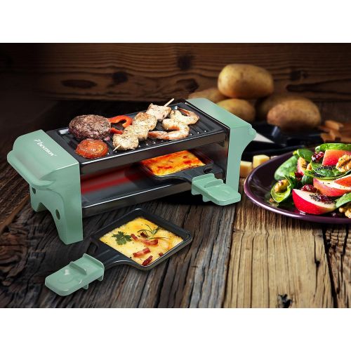  Bestron Raclette for 1 to 2 people, mini table grill with two pans and two wooden scrapers, 350 watts, colour: green/black