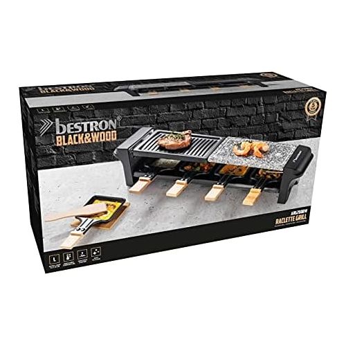  Bestron Raclette Grill for 4 People, Electric Table Grill with 4 Pans, 4 Wooden Scrapers & 4 Coasters, 650 Watt, Colour: Black