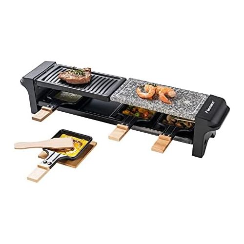  Bestron Raclette Grill for 4 People, Electric Table Grill with 4 Pans, 4 Wooden Scrapers & 4 Coasters, 650 Watt, Colour: Black