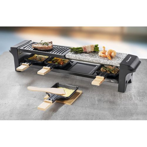  Bestron Raclette Grill for 4 People, Electric Table Grill with 4 Pans, 4 Wooden Scrapers & 4 Coasters, 650 Watt, Colour: Black