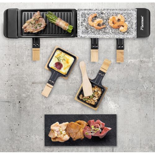  Bestron Raclette Grill for 4 People, Electric Table Grill with 4 Pans, 4 Wooden Scrapers & 4 Coasters, 650 Watt, Colour: Black