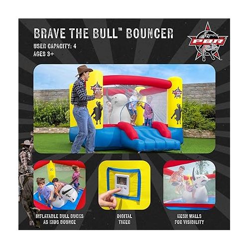  Bestway PBR Brave The Bull Indoor or Outdoor Inflatable Kids Bounce House with Digital Timer, Ground Stakes, Storage Bag, & Air Blower for Quick Setup