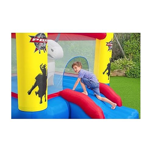  Bestway PBR Brave The Bull Indoor or Outdoor Inflatable Kids Bounce House with Digital Timer, Ground Stakes, Storage Bag, & Air Blower for Quick Setup