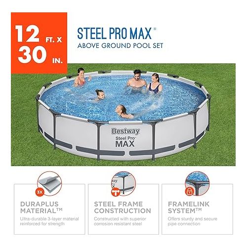  Bestway Steel Pro MAX 12 Foot x 30 Inch Round Metal Frame Above Ground Outdoor Backyard Swimming Pool Set with 330 GPH Filter Pump