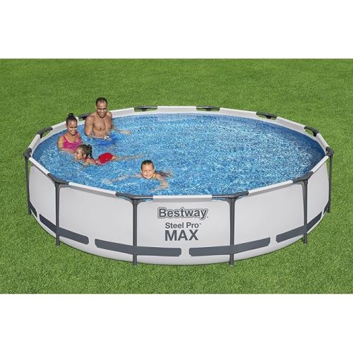  Bestway Steel Pro MAX 12 Foot x 30 Inch Round Metal Frame Above Ground Outdoor Backyard Swimming Pool Set with 330 GPH Filter Pump