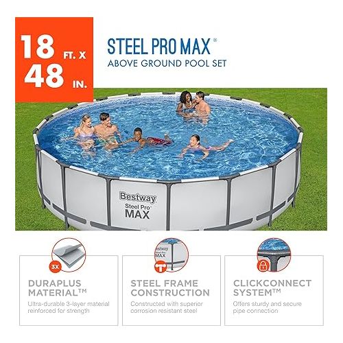  Bestway Steel Pro MAX 18 Foot x 48 Inch Round Metal Frame Above Ground Outdoor Swimming Pool Set with 1,000 Filter Pump, Ladder, and Cover