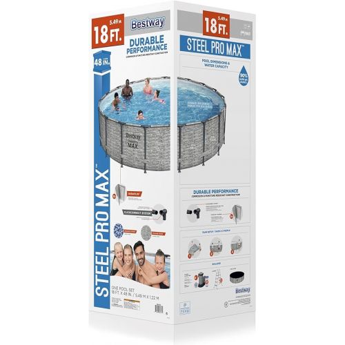  Bestway Steel Pro MAX 18’ x 48” Round Above Ground Pool Set | Frame Swmiming Pool Features Realistic Stone Print Liner | Includes 1500gal Filter Pump, 48