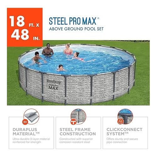  Bestway Steel Pro MAX 18’ x 48” Round Above Ground Pool Set | Frame Swmiming Pool Features Realistic Stone Print Liner | Includes 1500gal Filter Pump, 48