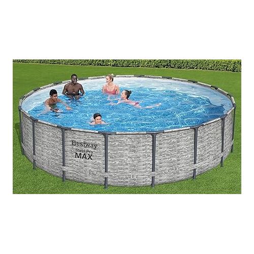  Bestway Steel Pro MAX 18’ x 48” Round Above Ground Pool Set | Frame Swmiming Pool Features Realistic Stone Print Liner | Includes 1500gal Filter Pump, 48