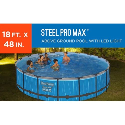  Bestway Steel Pro MAX 18 Foot x 48 Inches Metal Frame Above Ground Round Swimming Pool Set with LED Light, Remote Control, Ladder, and Pool Cover