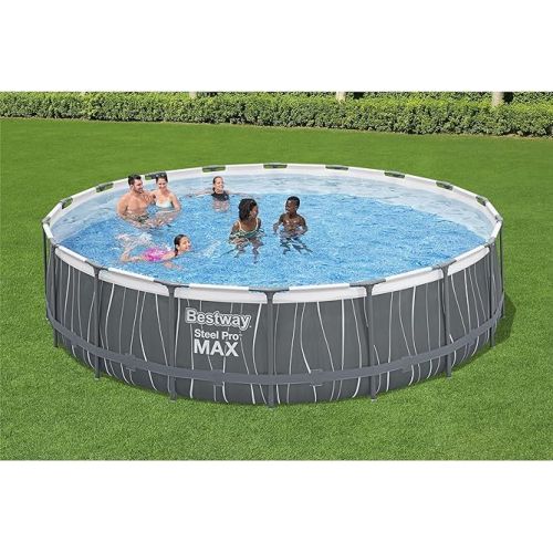  Bestway Steel Pro MAX 18 Foot x 48 Inches Metal Frame Above Ground Round Swimming Pool Set with LED Light, Remote Control, Ladder, and Pool Cover