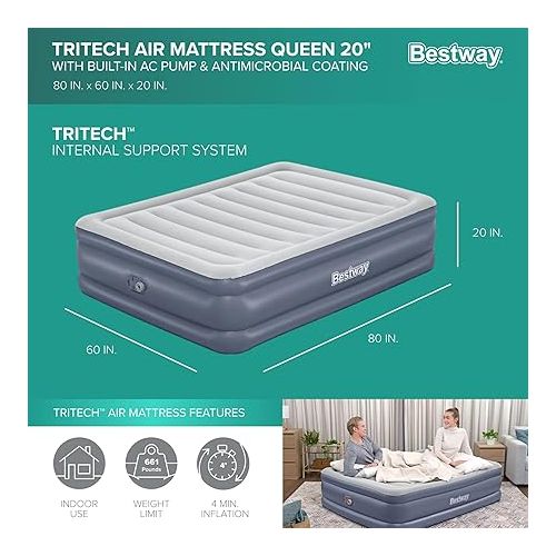  Bestway Tritech 20 Inch Thick Durable Comfortable Air Mattress with Ultra-Fresh Antimicrobial Coating & Built-in AC Pump for 4 Minute Inflation, Queen