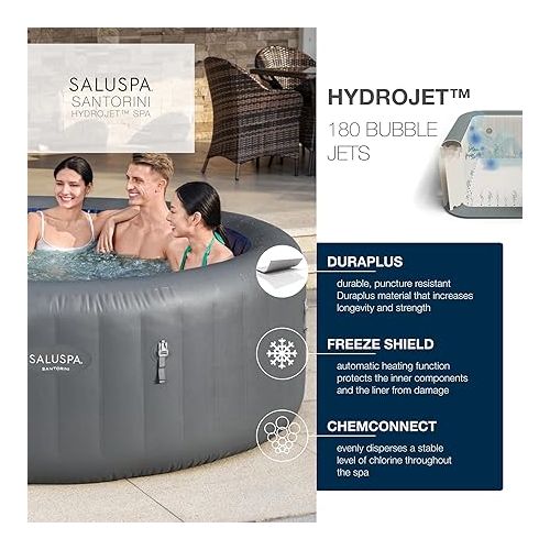  Bestway SaluSpa Santorini HydroJet 5 to 7 Inflatable Hot TubRound Portable Outdoor Spa with 180 Soothing Jets and Cover, Gray