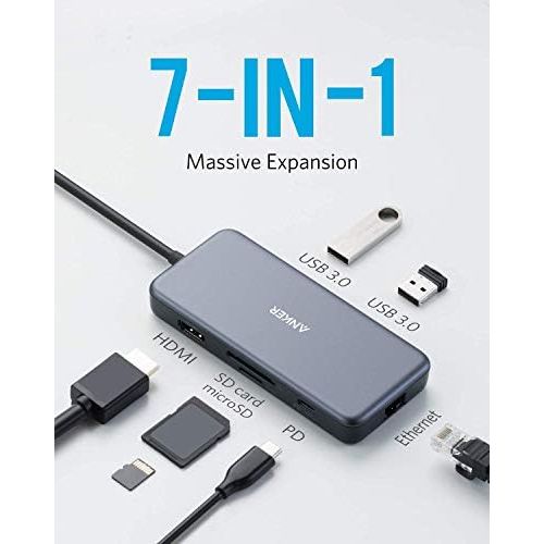 앤커 [아마존 핫딜]  [아마존핫딜]Anker USB C Hub, 7 in 1 PowerExpand+ Adapter mit 4K HDMI, 60W Power Delivery, 1GBPS Ethernet, 2 USB 3.0 Ports und SD/microSD Speicherkartenleser, fuer MacBook Pro 2016/2017 / 2018,