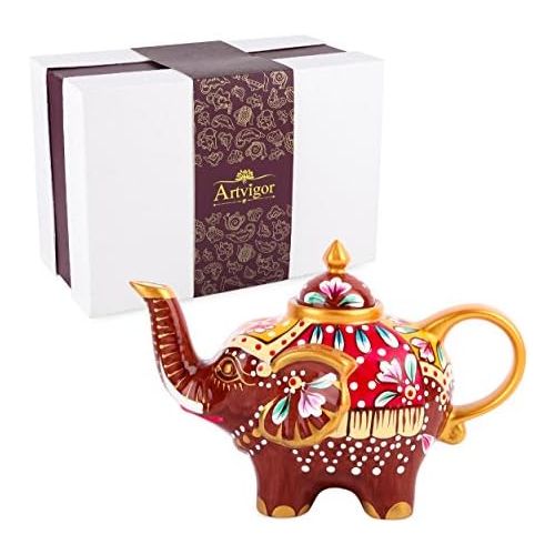  Besuchen Sie den Artvigor-Store Artvigor, Porzellan Kaffeekanne, 0,8 L Tee Kanne, Handbemalt Elefant Tierfigur