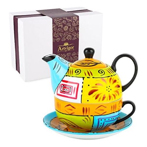  Besuchen Sie den Artvigor-Store Artvigor, Tea for one, Porzellan Tee Set, 4-teilig Kaffeeservice, Mehrfarbig