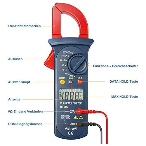  [아마존 핫딜]  [아마존핫딜]AstroAI Clamp Meter Digitaler Stromzange Multimeter mit 2000 Counts, Auto Range, Spannungspruefer, Wechselstrom, Widerstand, Kontinuitat; Testet Dioden, Rot/Schwarz