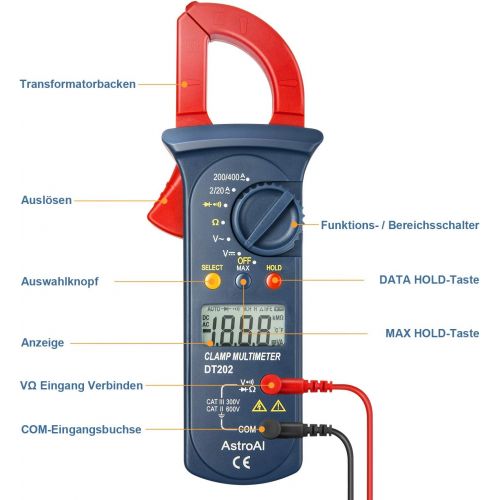  [아마존 핫딜]  [아마존핫딜]AstroAI Clamp Meter Digitaler Stromzange Multimeter mit 2000 Counts, Auto Range, Spannungspruefer, Wechselstrom, Widerstand, Kontinuitat; Testet Dioden, Rot/Schwarz