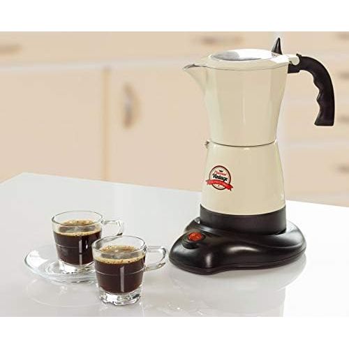  Bestron Elektrischer Espresso-Kocher mit Basis, Vintage, 6 Espressotassen, 480 Watt, Aluminium, Beige