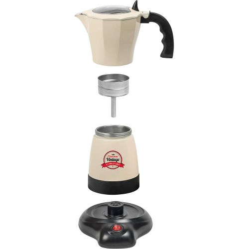  Bestron Elektrischer Espresso-Kocher mit Basis, Vintage, 6 Espressotassen, 480 Watt, Aluminium, Beige